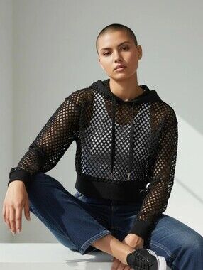 Refuge Black Fishnet Hoodie Crop Top